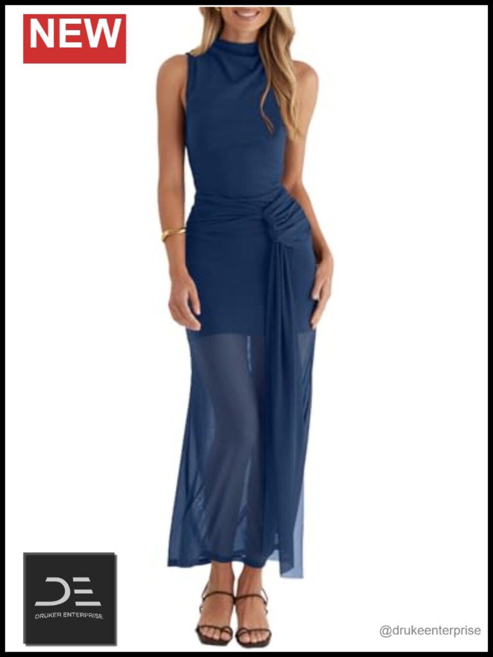 OWIN Women's Bodycon Maxi Dress Sleeveless Mock Neck Ruched Mesh Cocktail